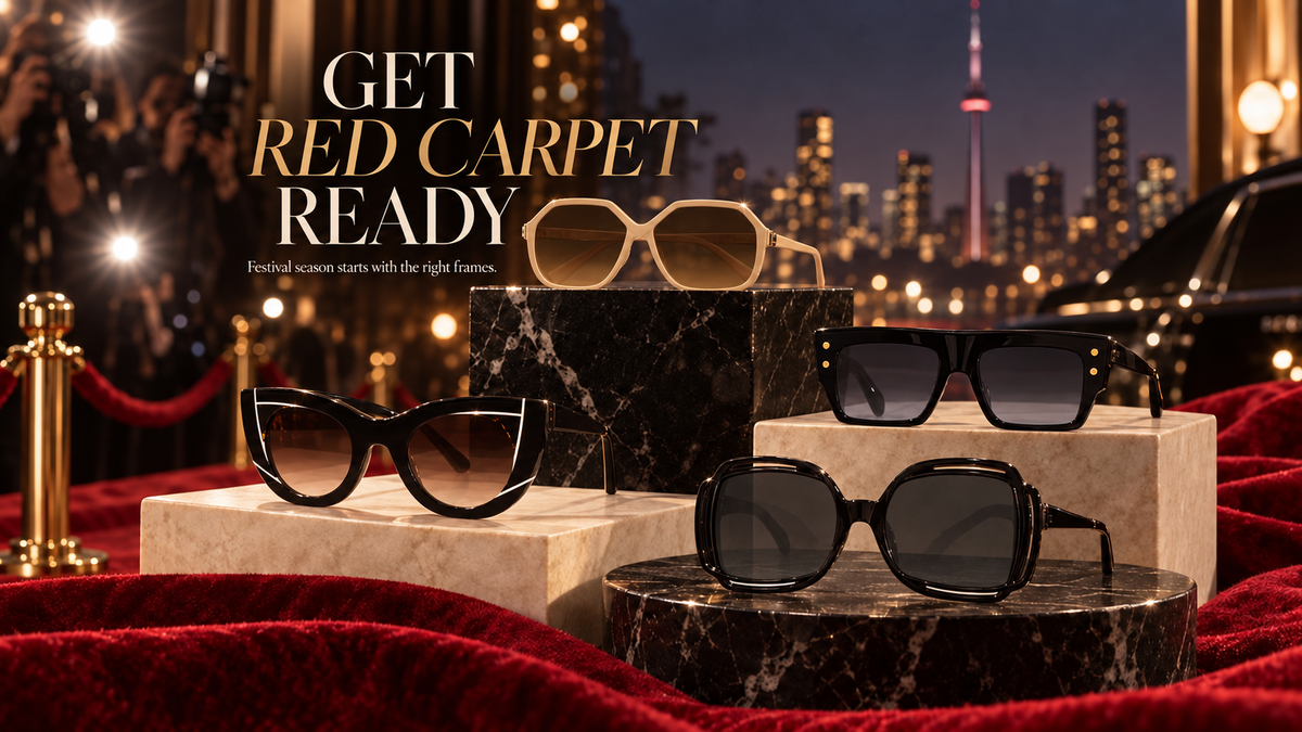 Designer sunglasses styles staged on a red carpet with the Toronto skyline in the background