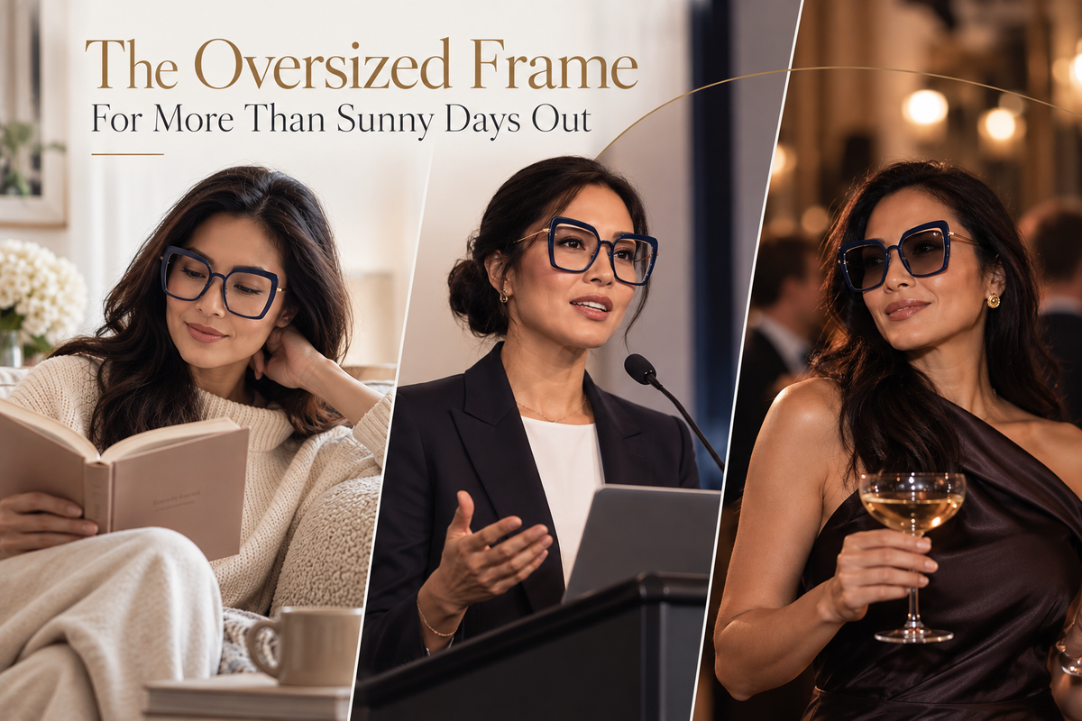 Woman wearing oversized square-frame glasses across everyday, professional, and evening settings